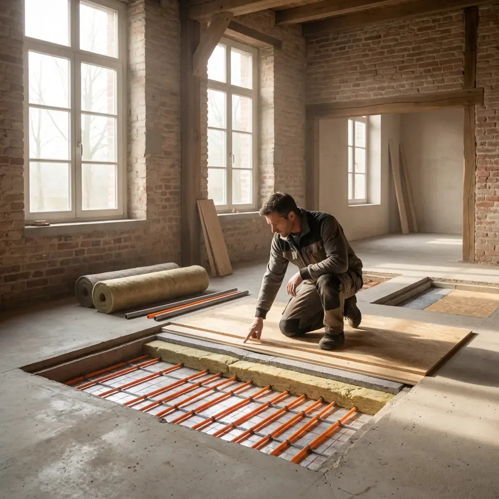 Vakman vervangt de betonnen vloer tijdens de renovatie van een woning.