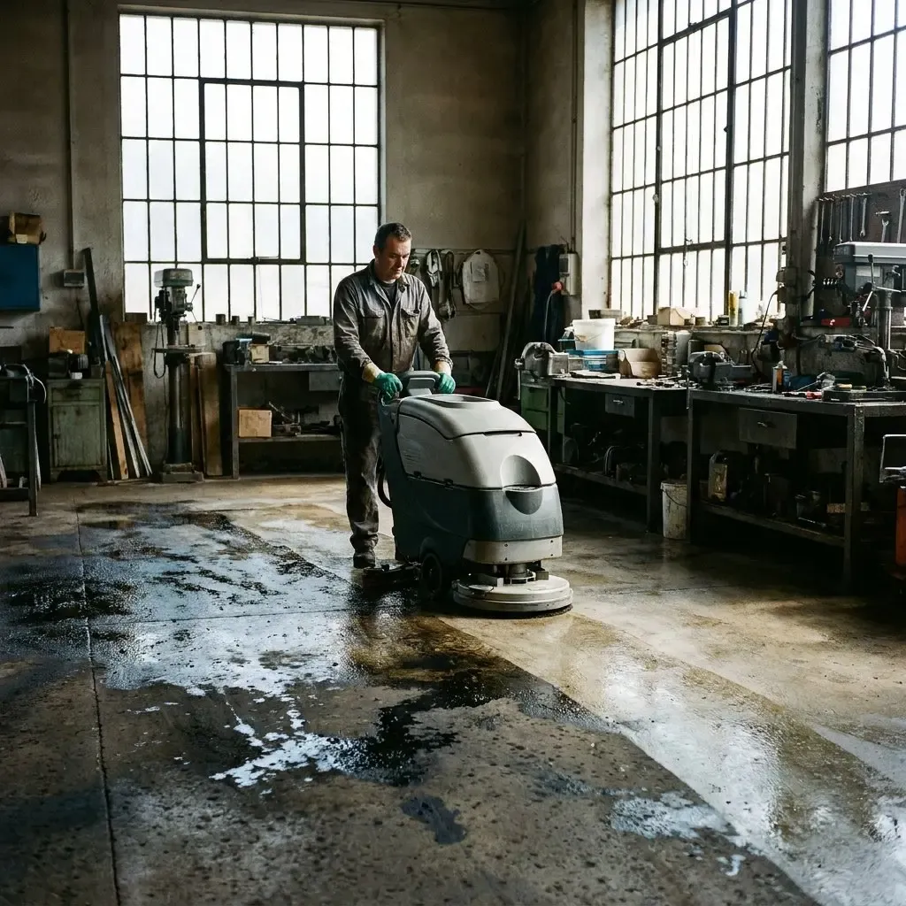 Medewerker reinigt een vervuilde betonvloer in een werkplaats met een schrob-zuigmachine