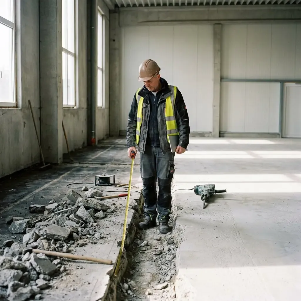Werfleider meet een uitgebroken betonvloer op met een meetlint tijdens een renovatie van een bedrijfshal