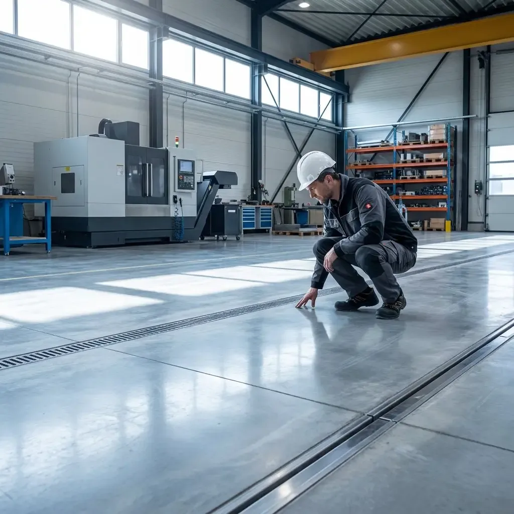 Werknemer met veiligheidshelm inspecteert een afvoergoot op de betonnen vloer van een industriële werkplaats met machines op de achtergrond