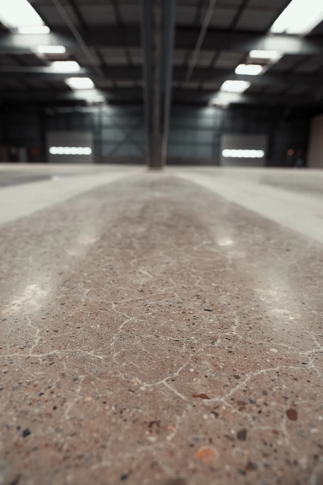 Detail van het gepolijste betonoppervlak met lichtreflecties