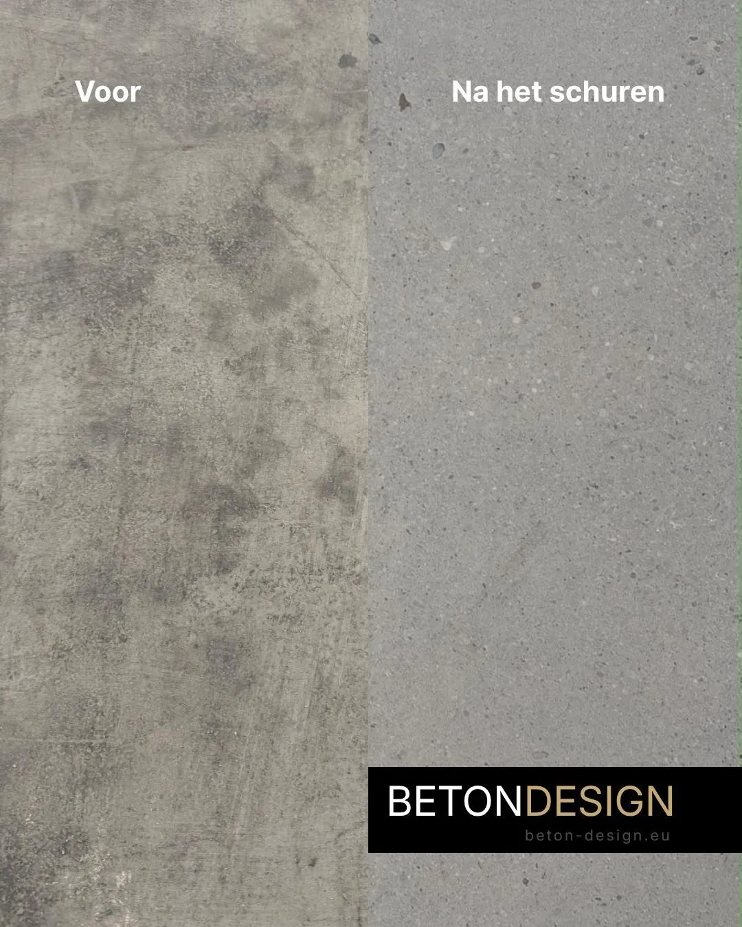 Betonvloer voor en na het schuren: links een vuile, vlekkerige vloer, rechts een egale en strakke betonvloer