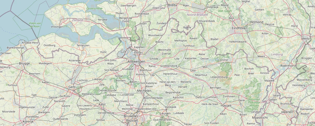 Kaart van de provincie Antwerpen met Antwerpen-stad, Mechelen, Lier, Turnhout en Mol