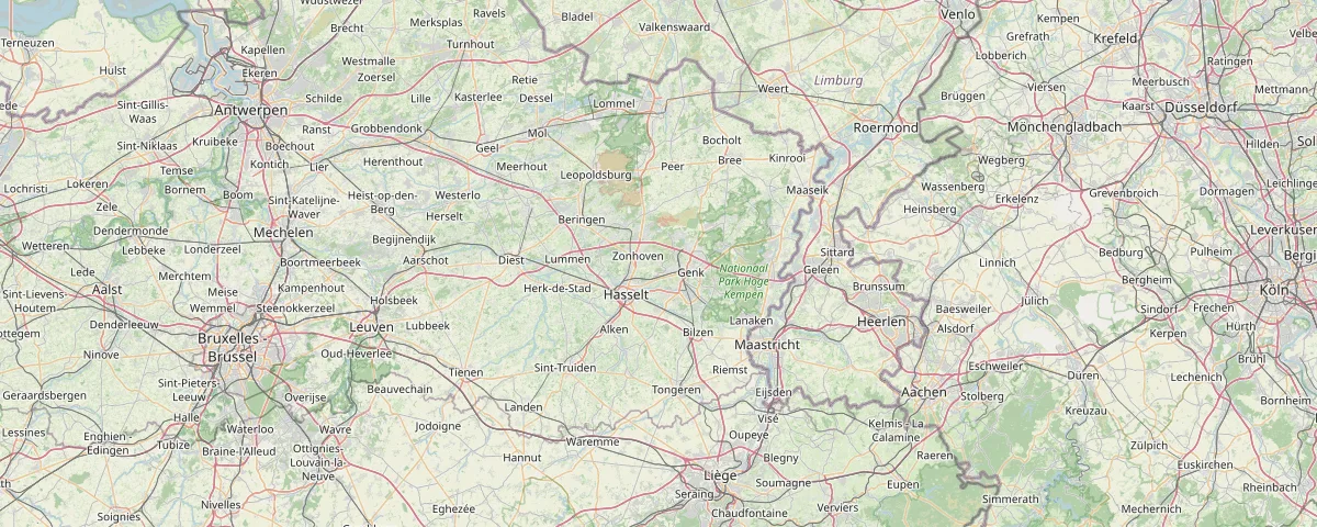 Kaart van de provincie Limburg met Hasselt, Genk, Sint-Truiden, Tongeren en Maaseik